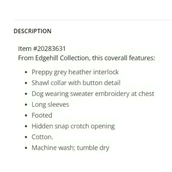 Edgehill Collection Shaw Collar Long Sleeve Interlock Footed Coverall Size NB - Picture 3 of 3